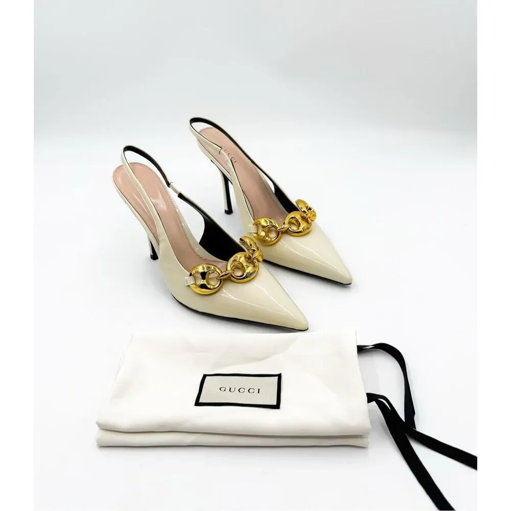 Gucci Marina Chain Slingback Pointed Toe Patent Leather Heels EU 42 US 12 - Picture 1 of 12
